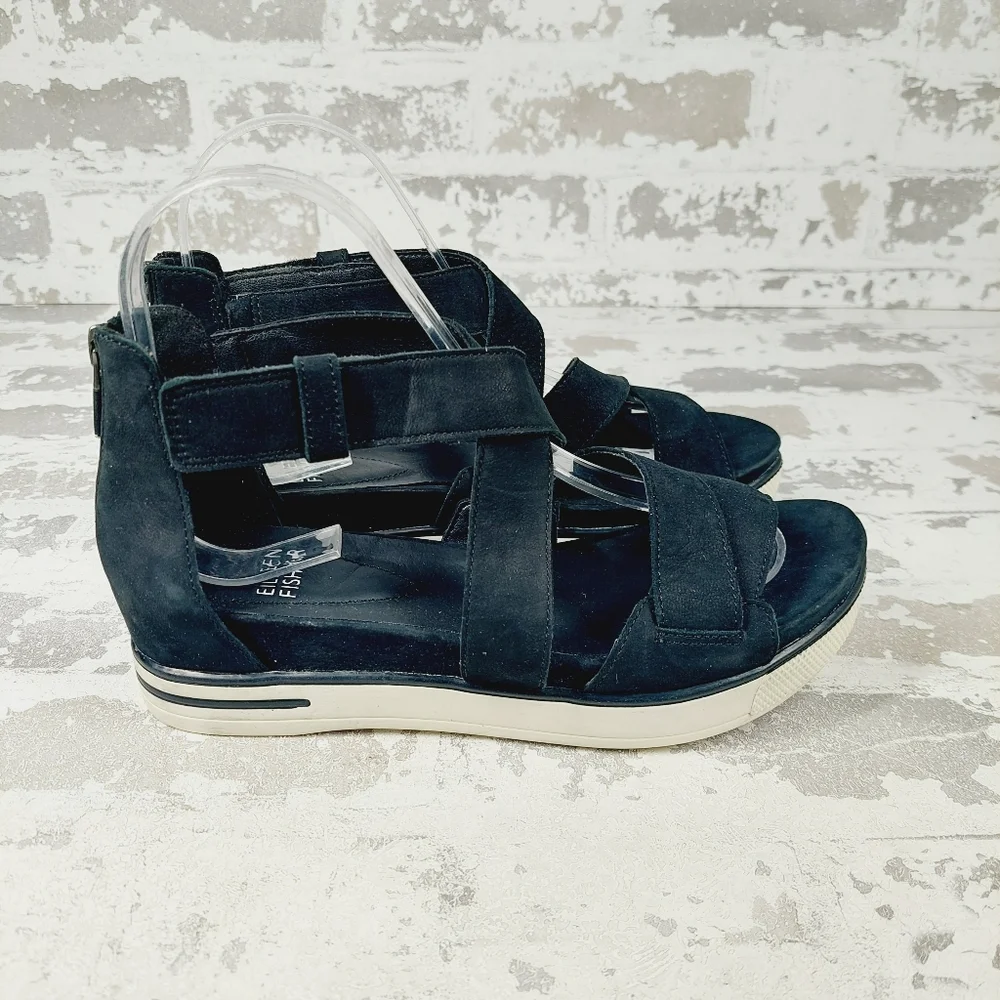NEW Eileen Fisher Sport Tumbled Nubuck Platform Black Sneaker Sandals H298